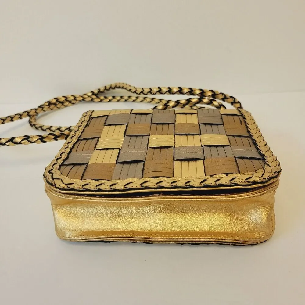 CEM Woven Leather Metallic Crossbody Bag Gold Bronze Small Braided Strap Vintage